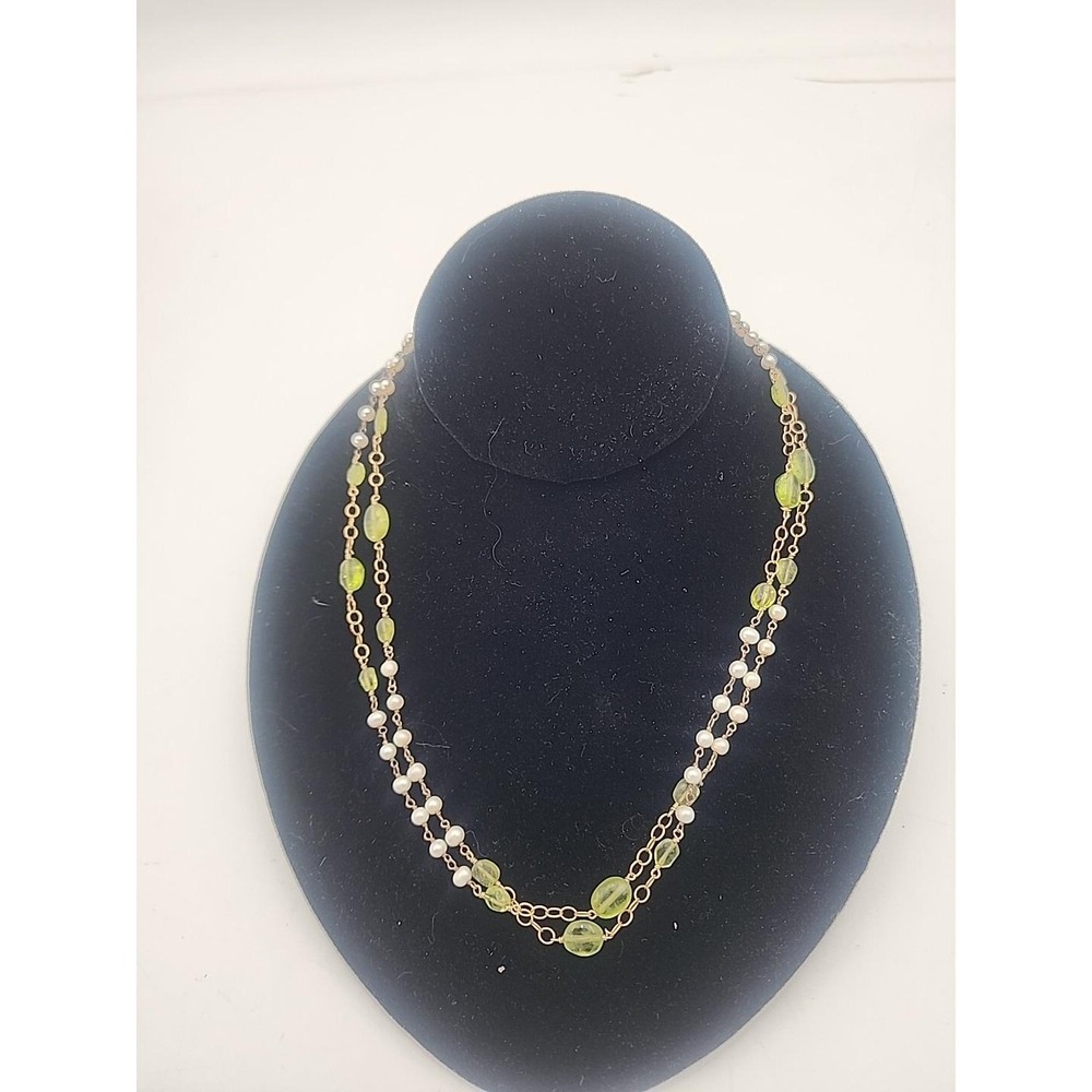 Signed Athena Designs long 34" bohemian gold‎ tone pearl & green flowy necklace